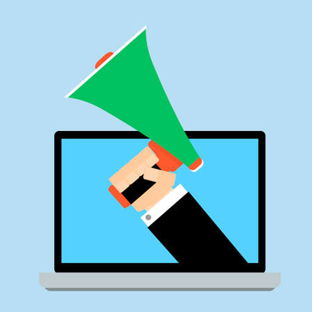 Share promotion with bullhorn. Hand hold megaphone from laptop. Smm global screen, communication application, strategy influencer, vector illustrationのイラスト素材