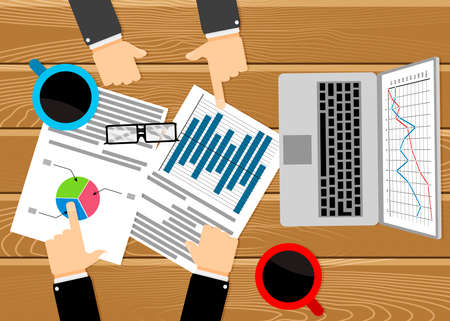 Business meeting, analysis and discussion. Work table with chart and graphic. Discussion with partner, table office, vector chart analysis illustrationのイラスト素材