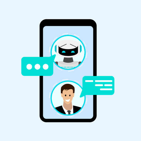 Chatting with bot in smartphone messenger. Chatting communication with chatbot, technology mobile smartphone conversation, robot messenger helper, support communicate connect online illustrationのイラスト素材