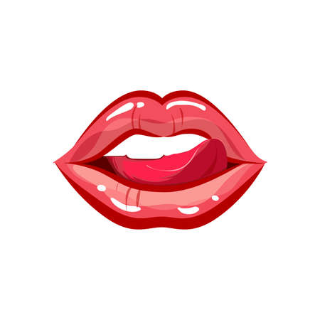 Sexual and female glamor lips with tongue. Sexy mouth lady, fashion kiss and makeup, illustration beauty erotic comic lips and tongue vector. Desire smile and expression hot passion, sensuality smileのイラスト素材