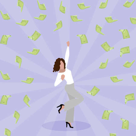 Happy woman get profit, win lottery or jackpot. Winner jump under cash rain. Green banknote fall on lucky woman. Successful lady motion and happiness, fortune businesswoman. Vector illustrationのイラスト素材