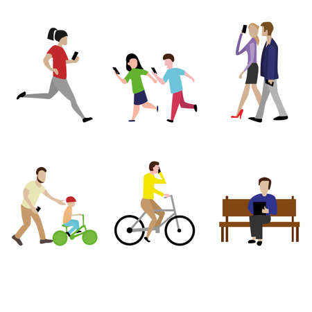 People with addiction smartphone walk, play and run. Vector social online with mobile technology illustration. Woman running and looking in smartphone, chilldren walking with smart phoneのイラスト素材