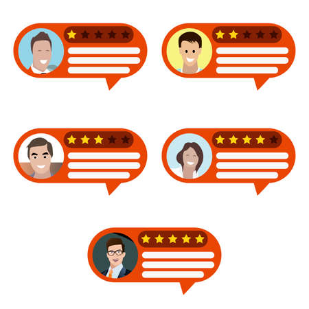 Customer feedback and review, experience satisfaction with golden stars, speech bubble with survey, message opinion online by users man and woman, social chat vector illustration setのイラスト素材