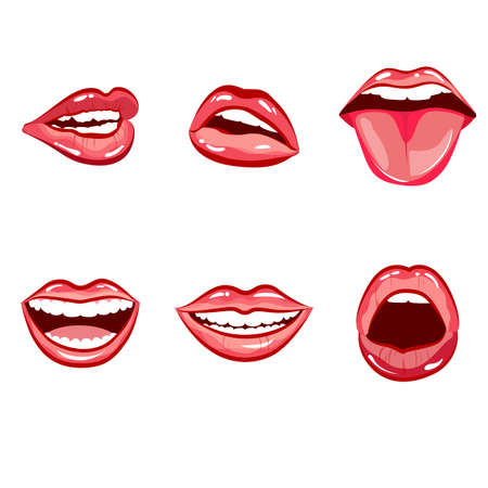 Happy laughing female mouth with red lips. Vector expression laugh mouth, emotion laughing with tongue, happy female smile illustrationのイラスト素材
