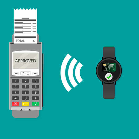 Paypass with smartwatch. Vector transaction contactless wireless. Modern payment transaction, cashless checkout, smartwatch transfer money for purchase. Vector illustrationのイラスト素材