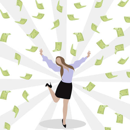Successful and lucky winner, woman win lottery. Money rain. Vector rain dollar, rich businesswoman, earning cash, financial fortune, wealthy and jumping, happy girl dancing under rain illustrationのイラスト素材