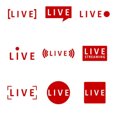 Broadcast mark live for video stream, live play and tv streaming online on website, collection button on air and logo label for window player. Vector illustration. Live stream news, show media channelのイラスト素材