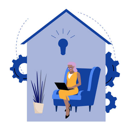 Home office, girl remote working with laptop within quarantine and isolation. Vector stay at home and self-isolation, self-quarantine and precaution against virus, alone female working illustrationのイラスト素材