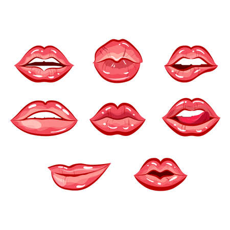 Sexy and seductive female lips. Vector lipstick mouth, illustration beauty makeup, cosmetic romance sensuality closeup, collection of glossy sensual erotic female lips, attractive passion prettyのイラスト素材