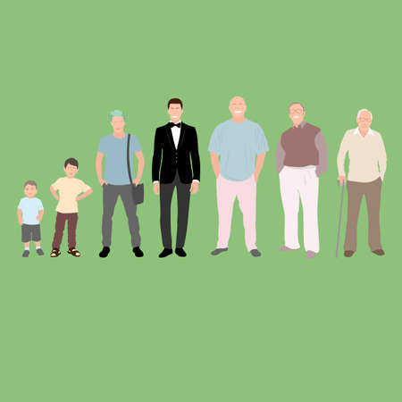 Male age development generation, boy teenager and senior grandfather. Vector generation people, cycle growth and growing pensioner, grow toddler illustration. Stage process from infant to pensionerのイラスト素材
