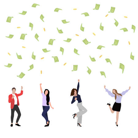 Business team enjoy win, dance under money rain. Vector successful rain earning, woman and man employee happy celebrating illustrationのイラスト素材