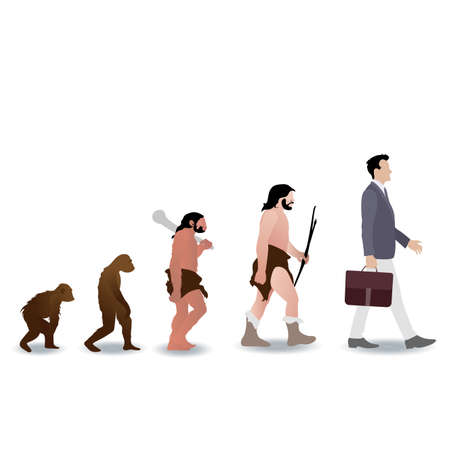Human evolution from ape to businessman. Vector monkey and prehistoric ape, caveman grow to businessman, illustration human evolution history, australopithecus development in chimpanzee and peopleのイラスト素材