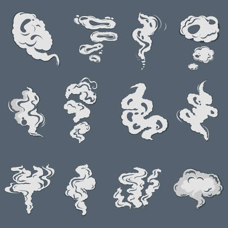 Smoke set effects, cartoon steam clouds, puff and mist, fog watery vapor and dust explosion. Vector smoky design icon, stink effect white, trail illustrated fume illustration. Dust and gas air curveのイラスト素材