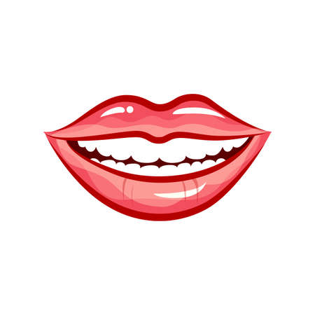 Woman smile isolated in white background. Vector beautiful cartoon mouth smiling for logo dental clinic, sensuality fashion glossy lips. Illustration glamor desire and sensualityのイラスト素材