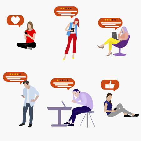 User social media leaving feedback review and evaluation. Man and woman writing survey and ranking. Illustration comment in internet from customer about application or experienceのイラスト素材