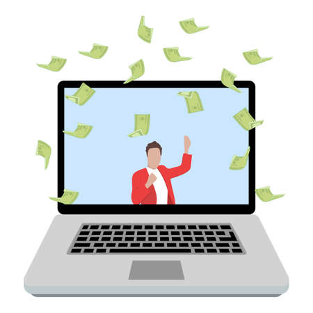 Online winning in casino, lottery or sports betting. Online gamble prize, lottery lucky and risk, casino game gambling, amazing leisure sport, lucky man in rain money. Vector illustrationのイラスト素材