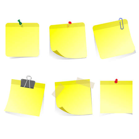 Yellow stickers glued clip pin and scotch. Pin sticker office, blank empty isolated, yellow page notepad for remember and notepaper. Vector illustrationのイラスト素材