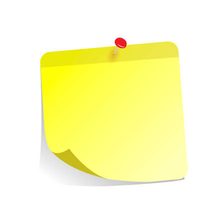 Yellow sticker for note is pinned at board. Paper memo attached by pin, post note paper, notice sticker for message board, office blank yellow notepaper. Vector illustrationのイラスト素材