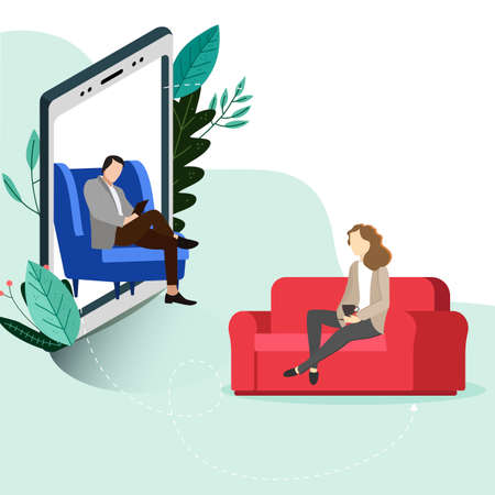 Psychotherapy online, helpline depression, conversation consulting and psychological help. Mental wellness, online helpline by psychologist, vector illustrationのイラスト素材