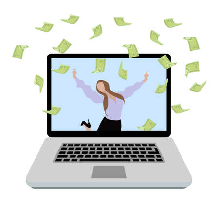 Pretty girl win in online lottery, web gambling service, chance in sport betting and poker. Get rich online, lottery online, winner woman. Vector illustration jackpot money winのイラスト素材