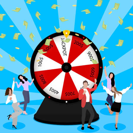 Wheel of fortune. People enjoying celebrating of win in lottery. Vector luck winners win in gambling game in casino, success play roulette and money cash prize jackpot illustrationのイラスト素材