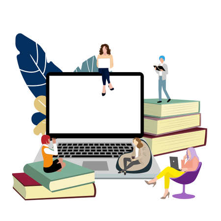 Study online concept. Vector remote education, distance training school, students studying sit on stack books and laptop, university learning illustrationのイラスト素材