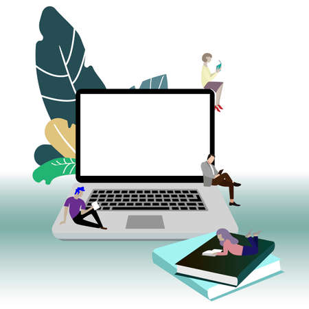Reading online concept. Online learning and read, distance e-learning, webinar tutorial using laptop. Vector learning books people, illustration learning online and casual studyingのイラスト素材
