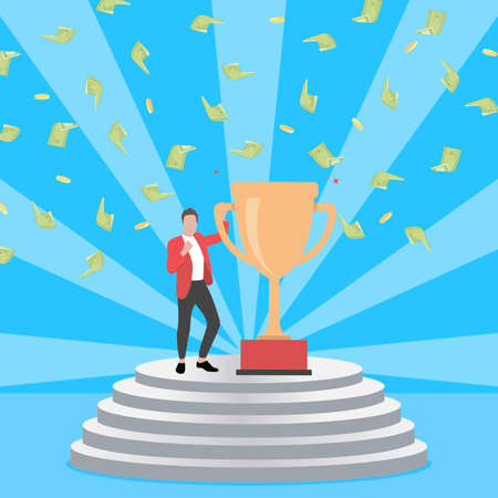 Winner staying on pedestal with golden goblet. Vector pedestal with success man holding golden cup, celebration money jackpot, illustration businessman with trophy, victory competitionのイラスト素材