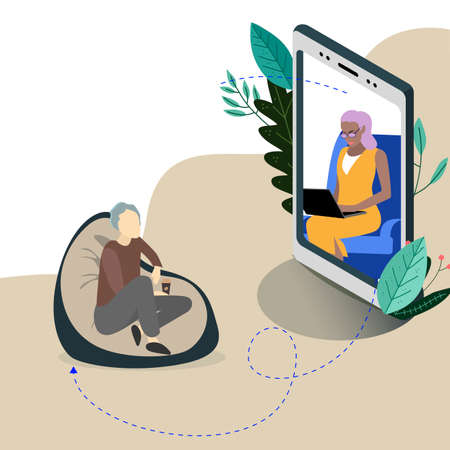 Online psychologist assistant service, vector support therapy and consultation, mental counseling psychotherapy, patient remote illustrationのイラスト素材