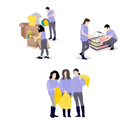 Volunteers collect needed things to give children and beggars. Vector assistance and care, social charity, help volunteering community, support and donating illustrationのイラスト素材