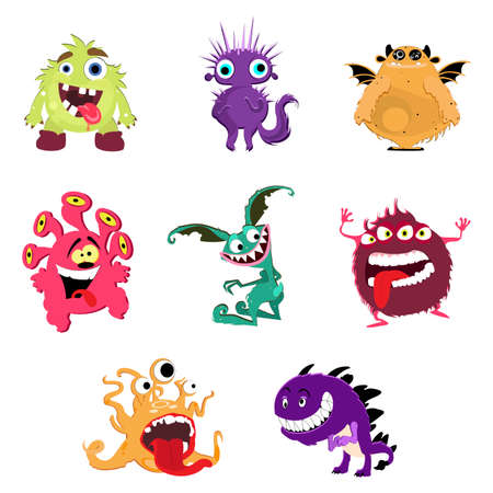 Cute cartoon monsters. Vector goblin or troll, cyclops and ghost. Illustration funny monsters set with original ears tails and eyes. Tentacle bizarre and friendly mascot characters. Silly gremlin toyのイラスト素材