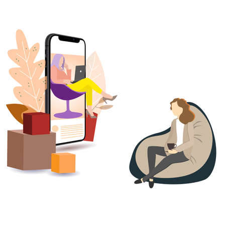 Counseling online and distance psychotherapy, psychoanalysis and help deal with depression. Vector counseling woman, psychological therapy illustrationのイラスト素材