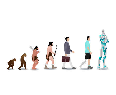 Evolution human to robot cyborg, history man evolve. Vector ancestor development mankind, illustration progress primate and animal to aiのイラスト素材