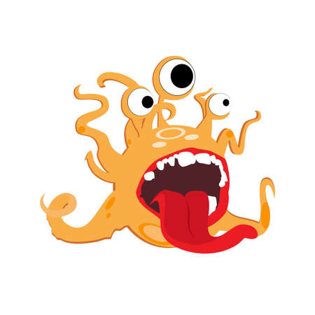 Cute monster with round eyes and tentacles. Funny mascot angry and crazy with open mouth and stick out tongue, screaming face troll. Vector illustrationのイラスト素材