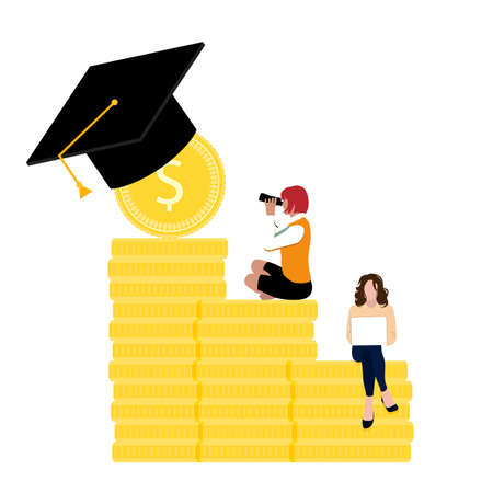 Students with financial grant to get education. People on golden coin stack scholarship. Money for college education and graduation university, vector illustrationのイラスト素材
