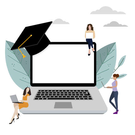 Remote study, online learning on laptop concept. Vector distance learning, students education in university online, remote e-learning and graduation illustrationのイラスト素材