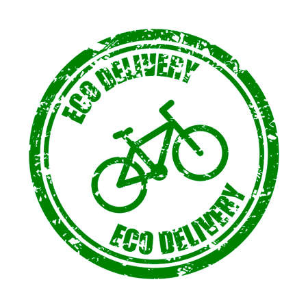 Eco delivery by bicycle, green rubber stamp texture. Round seal for food delivery service. Vector symbol mark for fast food pack, illustration service deliver by bike, express order and carryのイラスト素材
