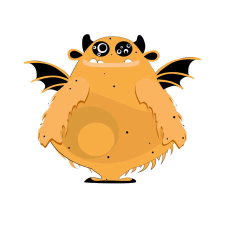 Fur confident monster with wings isolated on white. Vector mascot halloween, goofy confident and angry expression, toy bigfoot illustrationのイラスト素材