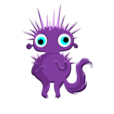 Purple halloween monster with sharp thorns and long tail. Vector mascot goblin spooky, bizarre cute face illustrationのイラスト素材