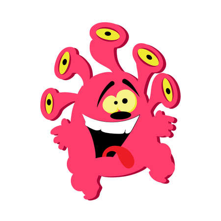 Funny pink monster with group of eyes isolated on white. Illustration crazy active goblin and monster, cartoon goofy toy, gremlin clipart mascot vectorのイラスト素材