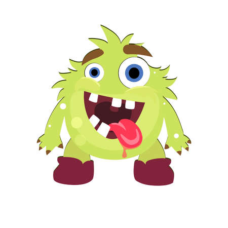 Mad green monster with opening mouth and stick out tongue. Illustration troll halloween, goofy gremlin creature, cute ugly goblin face vectorのイラスト素材