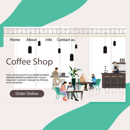 Coffee shop landing page, cafeteria interior with customers conversation and coworking. Coffeehouse interior, community coworking space, canteen homepage. Vector illustrationのイラスト素材