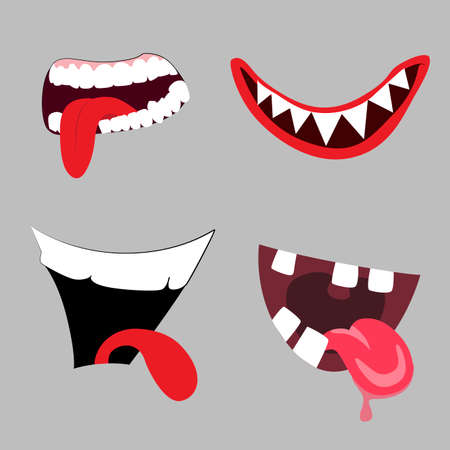 Cartoon monster mouth collection, teeth and tongue. Vector funny halloween scary grimace, collection comic character, emotional face, angry afn happy illustrationのイラスト素材