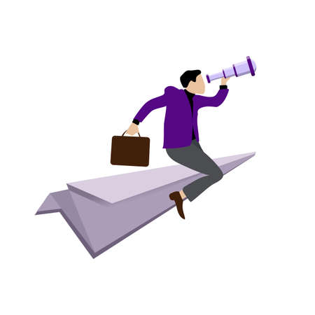 Businessman flying on paper plane to searching investment. Looking for new idea and source of money. Leadership man with telescope looks in future of business. Vector illustration confident manのイラスト素材