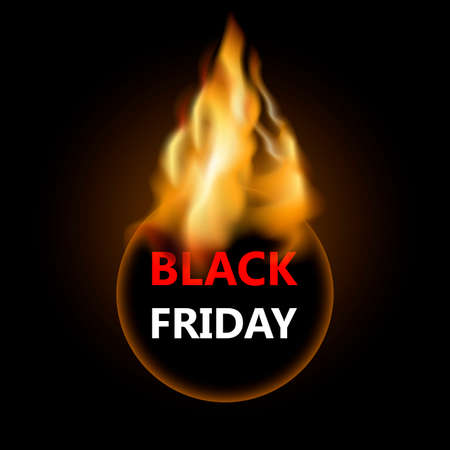 Fire black friday label to shopping and selling. Annually discount and sale, fire label with specil offer, hot price tag, bargain hunting and good deal, clearance concept. Vector illustrationのイラスト素材