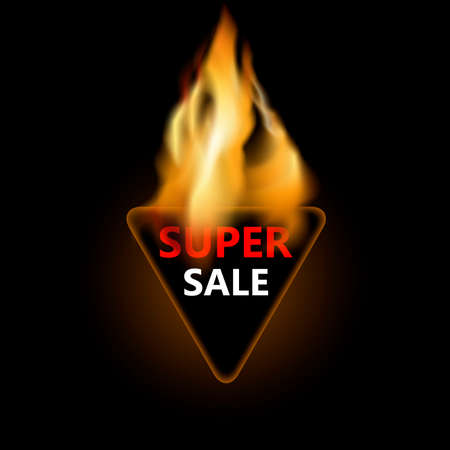 Super sale, triangular badge in fire for promotion discount. Illustration burning super sale, price burn, special shopping vectorのイラスト素材