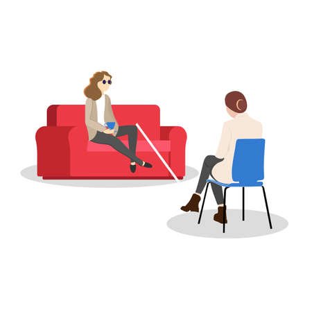 Psychological assistance for disabled people. Blind girl at psychologist appointment. Illustration rehabilitation and psychotherapy, communication and treatment, recovery and assistance invalid vectorのイラスト素材