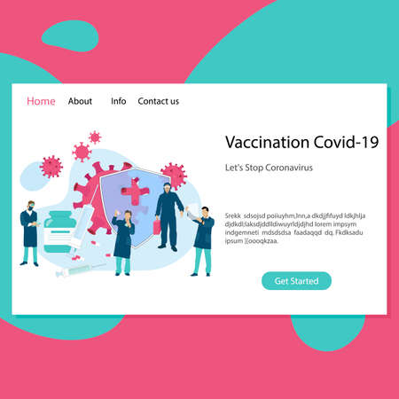Vaccination covid-19 landing page. Immunization and prevent covid-19, syringe vaccinate, immune shot, infected biohazard danger, ncov vaccination. Vector illustrationのイラスト素材