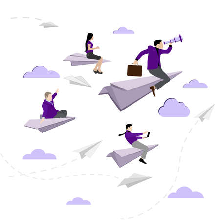 Business team flying on paper plane. Confident people on paper airplane, leadership vision, management searching, manager follow to professional, vector illustrationのイラスト素材