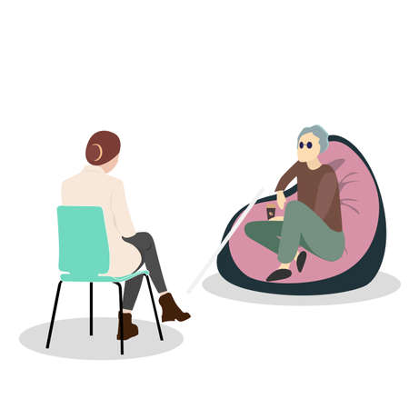 Psychological rehabilitation of disabled people. Blind man visit psychotherapy. Vector consulting and assistance, handicapped healthcare, recovery after shock and mental disorder illustrationのイラスト素材